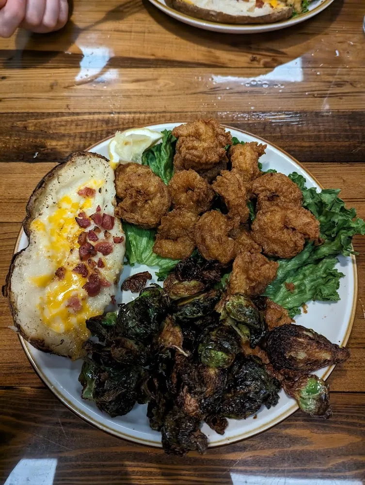Fried Shrimp Twice Baked Potato and Brussel Sprouts